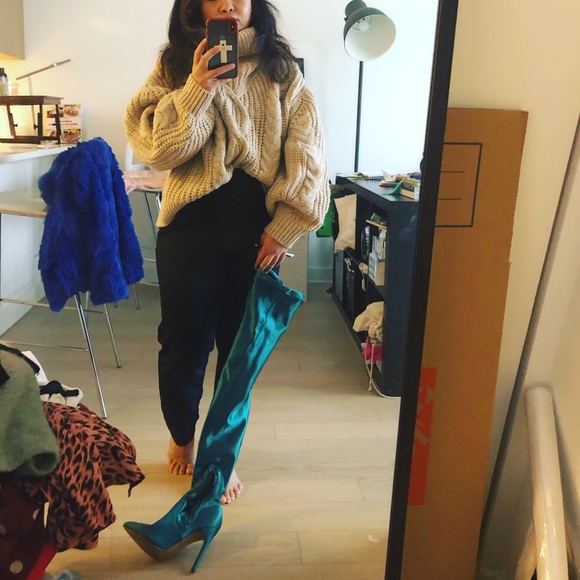 Green High (3-3.9 in) Heel Height Knee High Boots for Women  Green satin boots size 6.5
